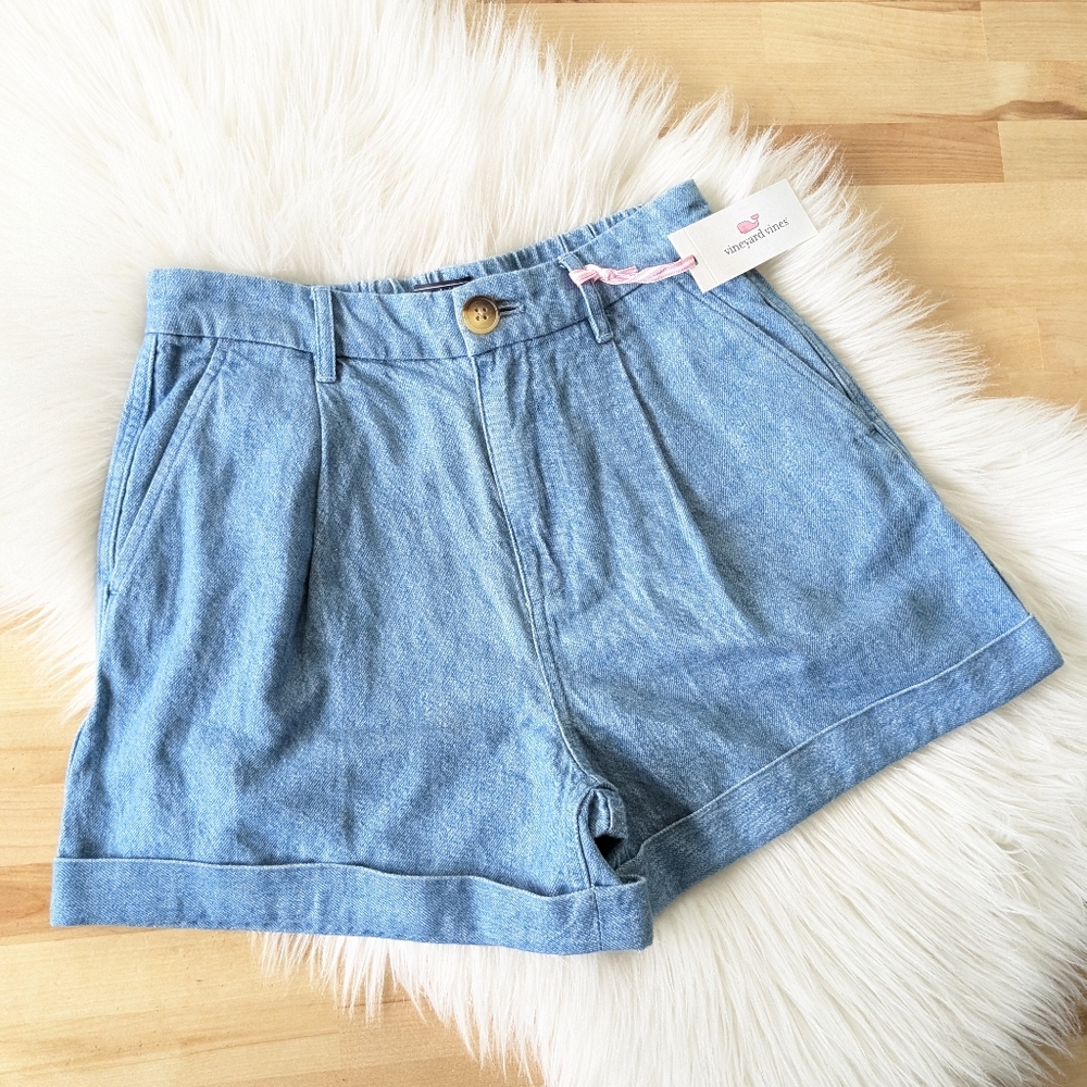 {Vineyard Vines} Chambray Pleated Cuff Shorts In Medium Indigo
